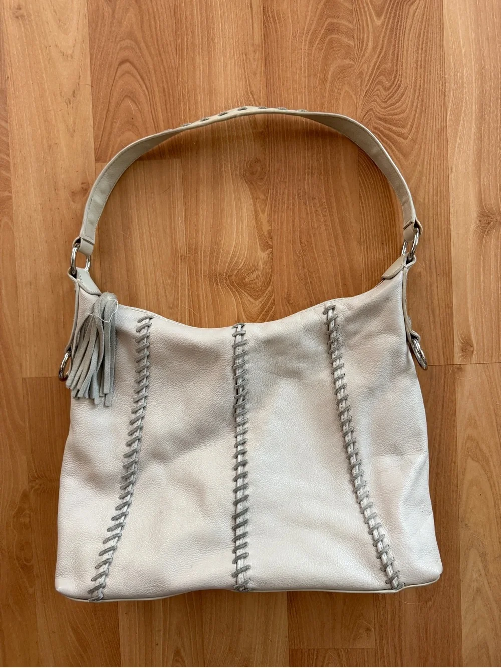 Vintage leather White Stitched Hobo Bag with Tassel